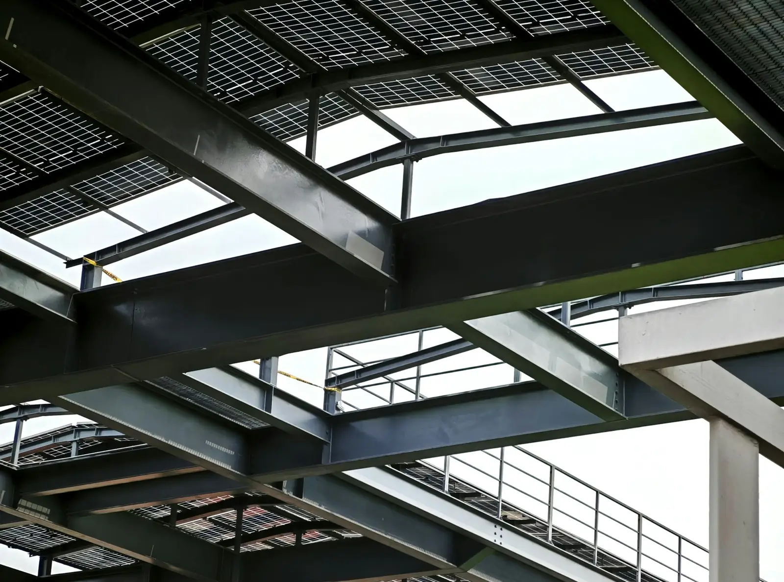 Steel beams and roof framing on a building under construction